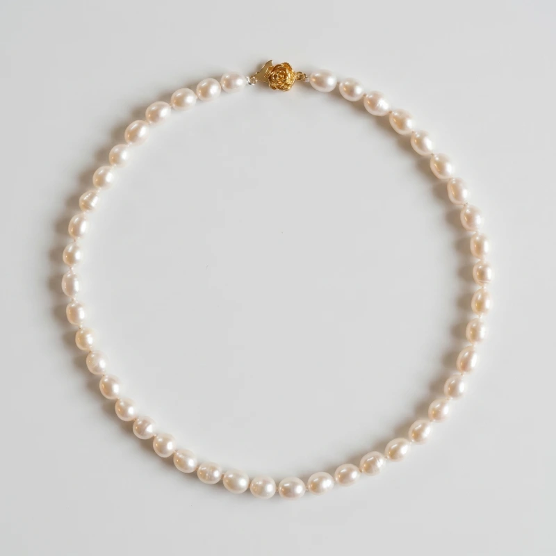 Elegant 17" White Pearl Necklace with Gold-Plated Floral Clasp - 8.2-8.6mm - Main Image