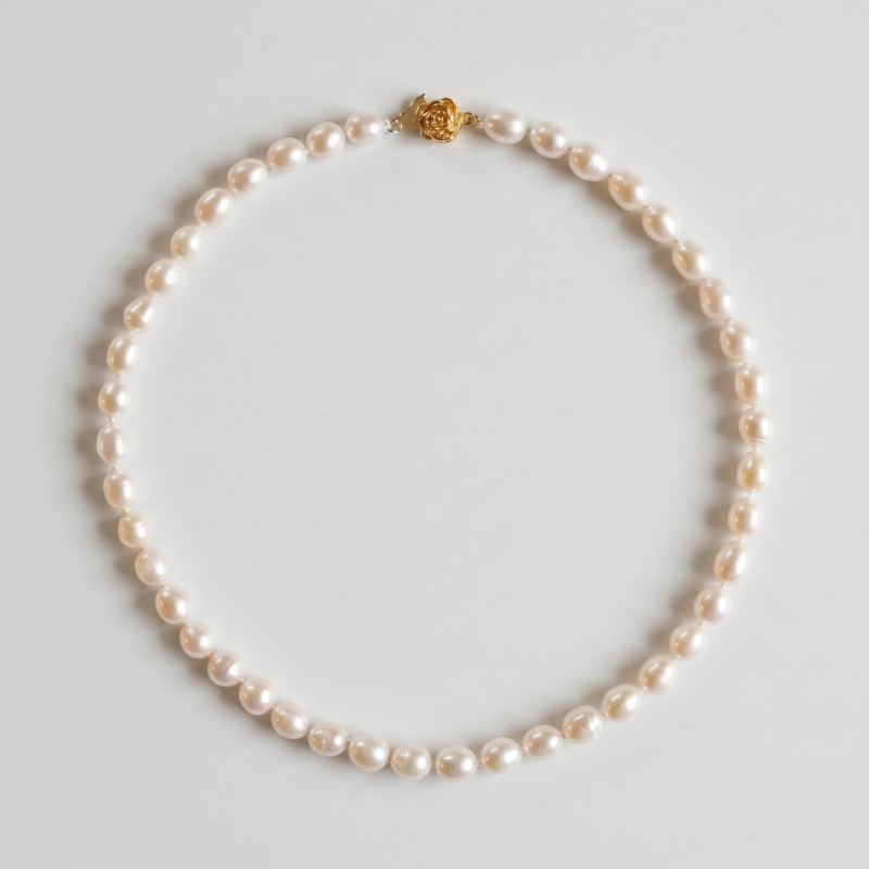 Elegant 17" White Pearl Necklace with Gold-Plated Floral Clasp - 8.2-8.6mm - Main Image