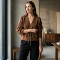 Women's Premium 100% Pure Cashmere Wide Collar Tie-Front Cardigan - Elegant Coffee Brown Luxury Wrap Top 5
