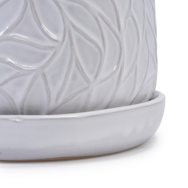 Handmade White Glossy Ceramic Planter Set of 2, 6" & 8", Leaf Design - Image 4