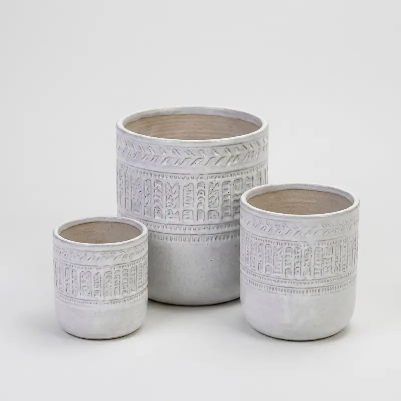 Set of 3 Handmade White Textured Ceramic Planters (5.51"-9.65"), Indoor/Outdoor Pots for Succulents and Herbs - Main Image