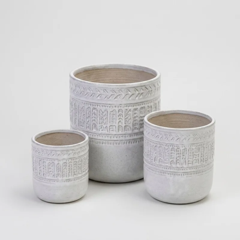 Set of 3 Handmade White Textured Ceramic Planters (5.51"-9.65"), Indoor/Outdoor Pots for Succulents and Herbs - Main Image