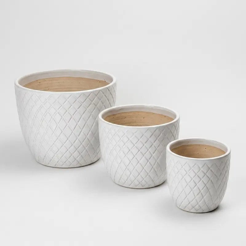 Set of 3 Handmade Ceramic Planters - White Diamond Pattern, 15/12/9 Inch - Main Image