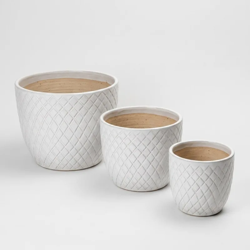 Set of 3 Handmade Ceramic Planters - White Diamond Pattern, 15/12/9 Inch - Main Image