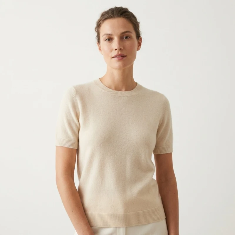 Women's 100% Pure Cashmere Short-Sleeve Top - Beige, Ultra-lightweight, Fine Texture - Main Image