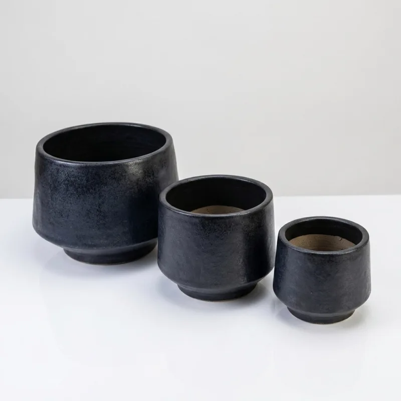 Set of 3 Handmade Black Matte Ceramic Planters - 15/11/9 Inch Modern Pots - Main Image
