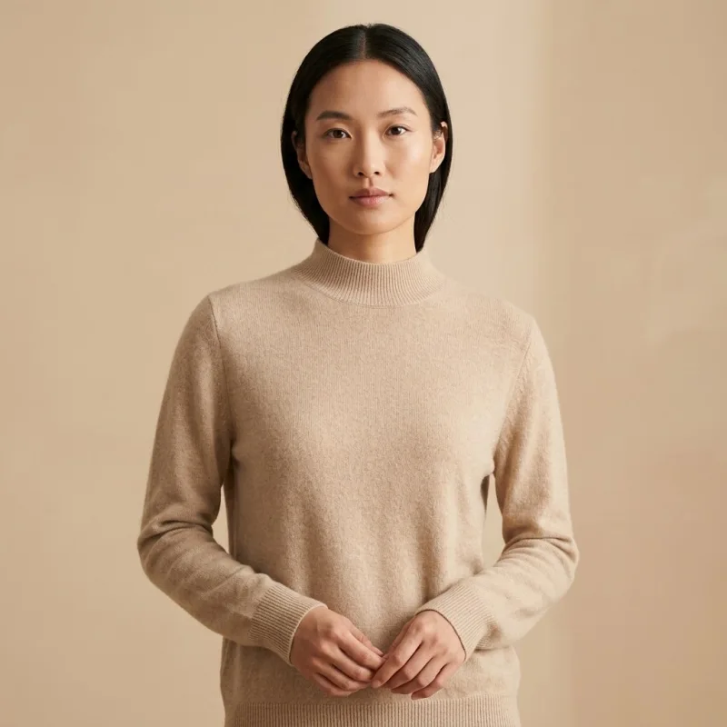 Women's 100% Cashmere Mock Neck Sweater - Light Heather Gray Classic Fit - Main Image