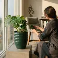 17" Handmade Deep Green Ceramic Planter - Rippled Texture Large Flower Pot 2