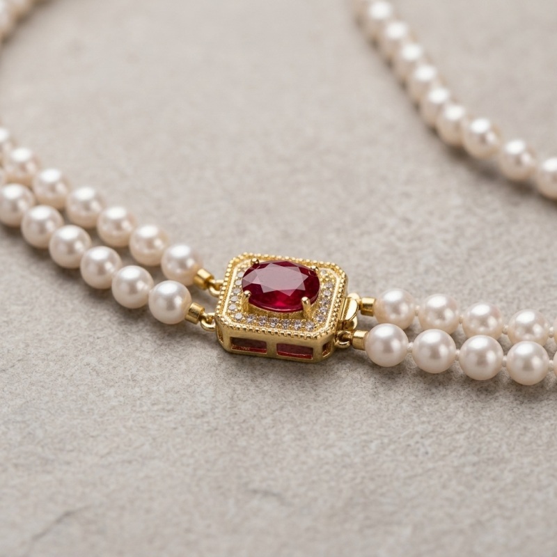 Elegant Double Strand AAA Pearl Necklace with Ruby Simulant Clasp, 18" - Image 4