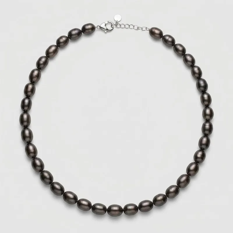 Premium Dark Peacock Freshwater Pearl Necklace18", 9-9.5mm Oval Pearls, Silver-Plated - Main Image
