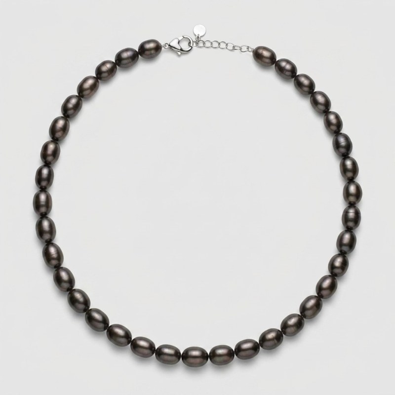 Premium Dark Peacock Freshwater Pearl Necklace18", 9-9.5mm Oval Pearls, Silver-Plated - Image 1