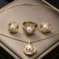 14K Gold Plated Pearl Jewelry Set - Waveform Scalloped Necklace, Ring & Earrings 9