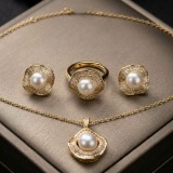 14K Gold Plated Pearl Jewelry Set - Waveform Scalloped Necklace, Ring & Earrings thumbnail 9