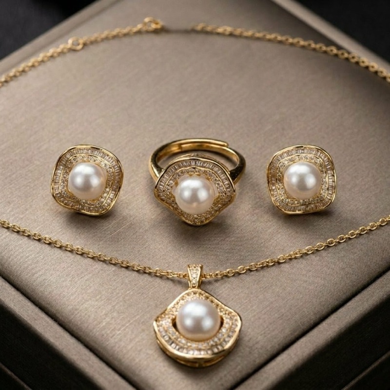 14K Gold Plated Pearl Jewelry Set - Waveform Scalloped Necklace, Ring & Earrings - Image 9