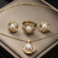 14K Gold Plated Pearl Jewelry Set - Waveform Scalloped Necklace, Ring & Earrings 9