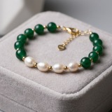 Emerald Agate and Pearl Bracelet - 18K Gold Plated, Adjustable thumbnail 8