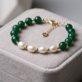Emerald Agate and Pearl Bracelet - 18K Gold Plated, Adjustable 8