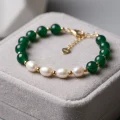 Emerald Agate and Pearl Bracelet - 18K Gold Plated, Adjustable 8