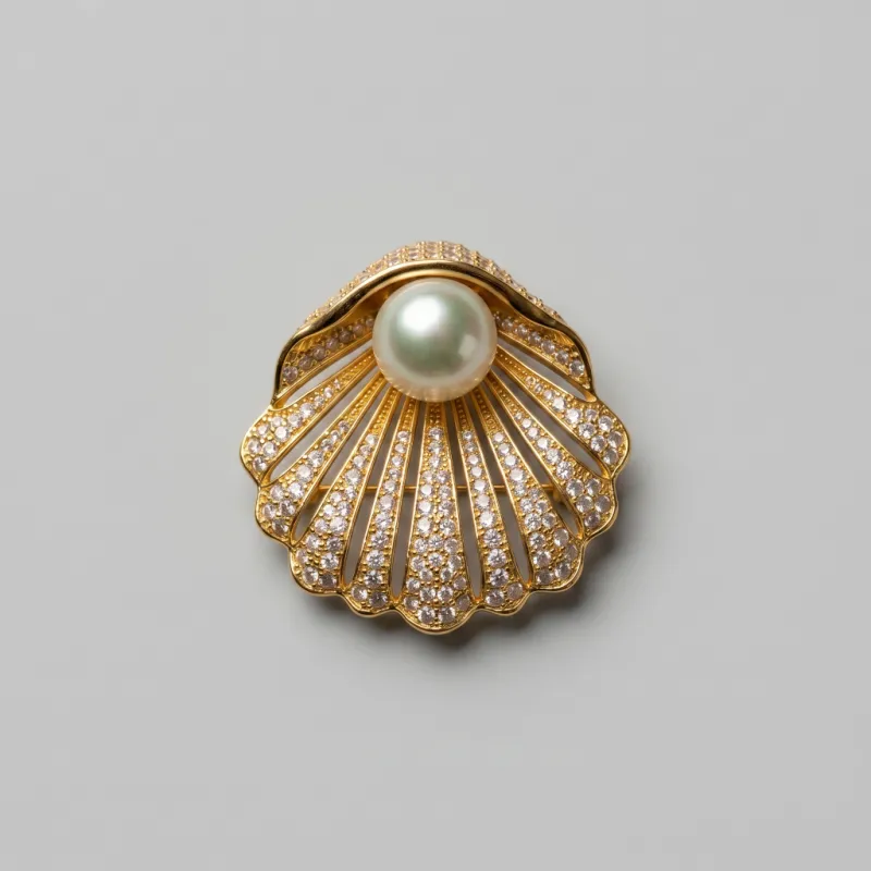 Elegant Pearl Finger-Citron Metal Brooch with Pave-Set Brilliant Rhinestones, 11.5mm - Main Image