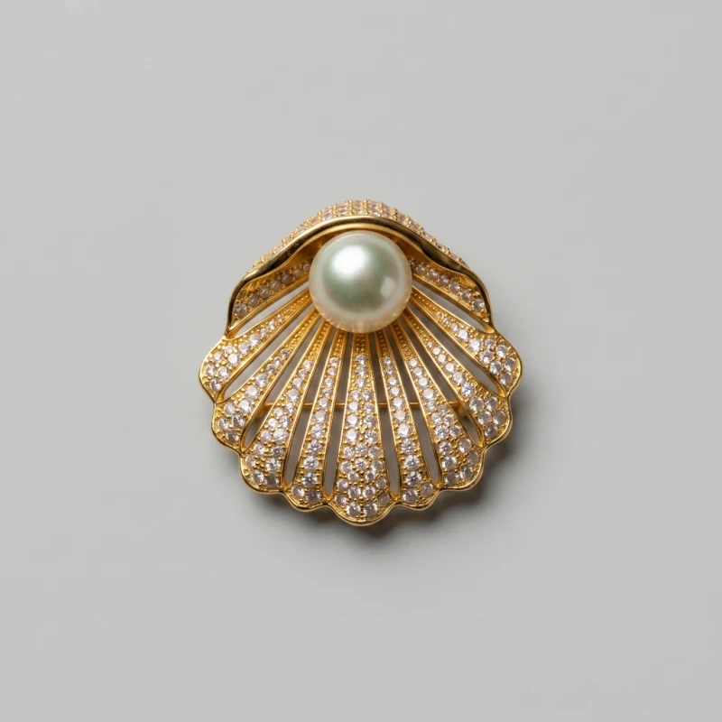 Elegant Pearl Finger-Citron Metal Brooch with Pave-Set Brilliant Rhinestones, 11.5mm - Main Image