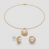 14K Gold Plated Petal Pearl & Rhinestone 3-Piece Jewelry Set thumbnail 1
