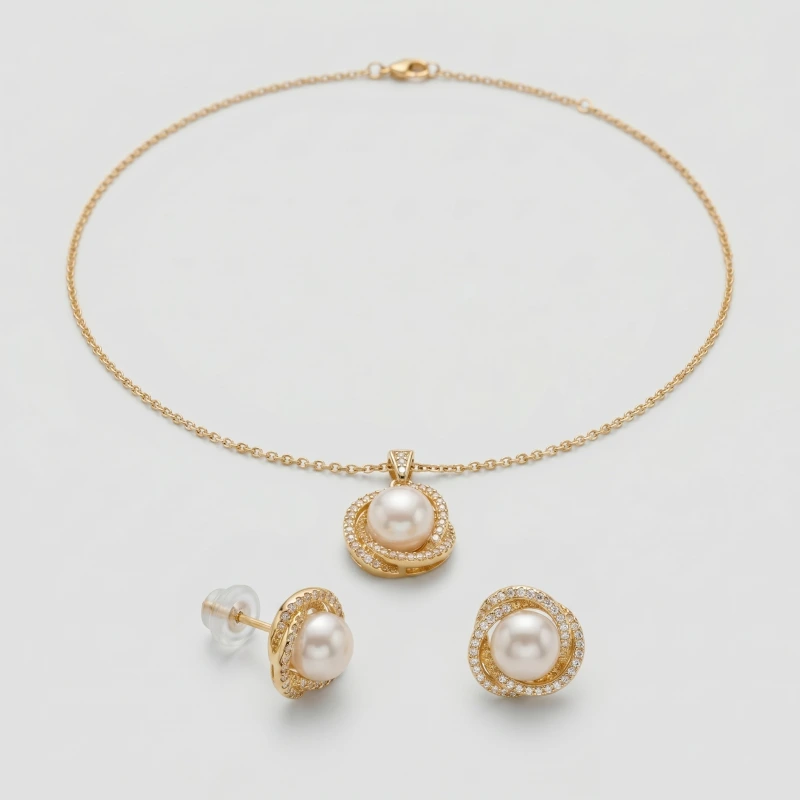 14K Gold Plated Petal Pearl & Rhinestone 3-Piece Jewelry Set - Main Image