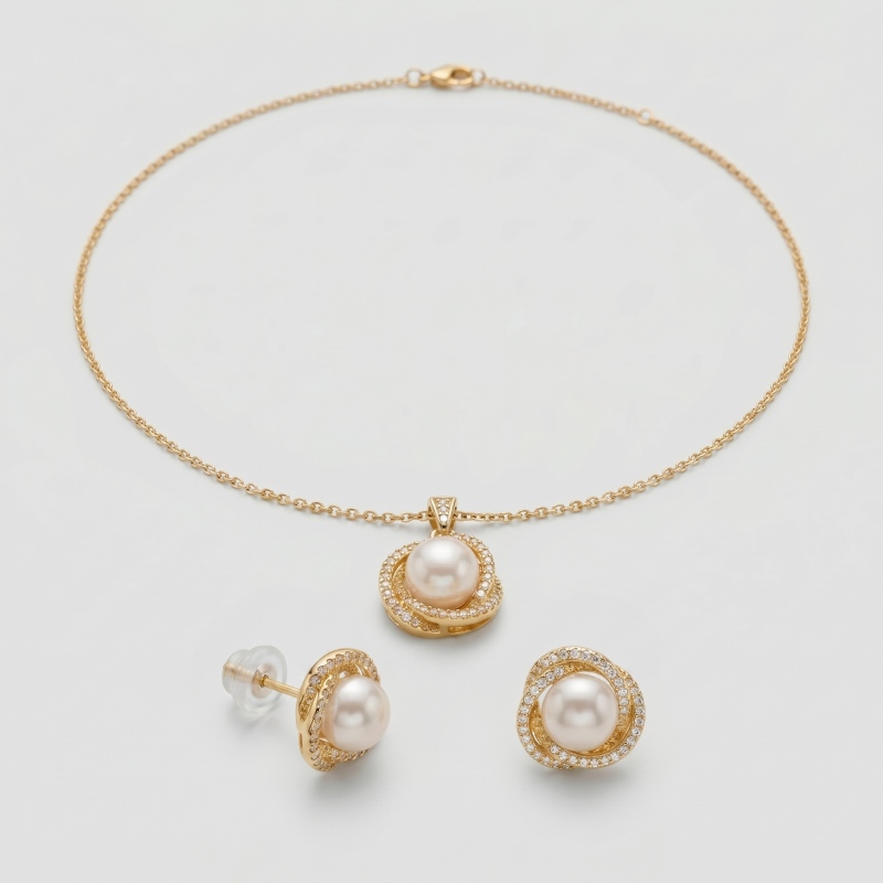 14K Gold Plated Petal Pearl & Rhinestone 3-Piece Jewelry Set - Main Image