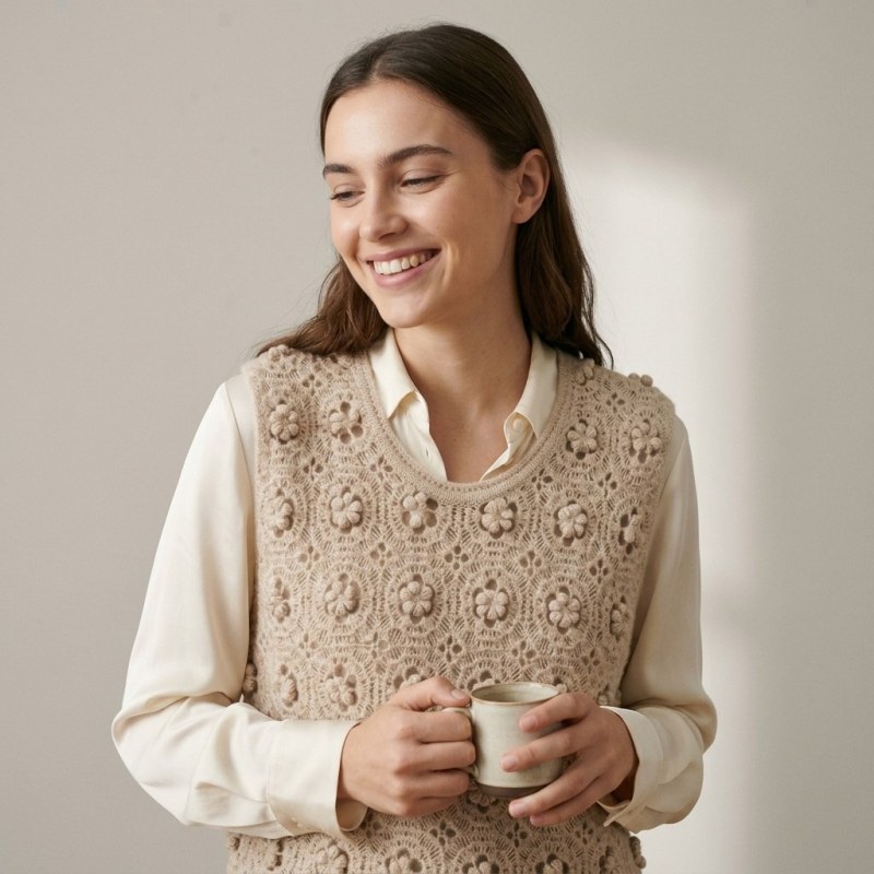 Tatario Women's 100% Pure Cashmere Hollow-Out Floral Knit Vest - Main Image