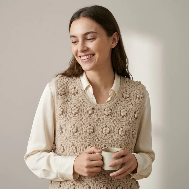 Tatario Women's 100% Pure Cashmere Hollow-Out Floral Knit Vest - Main Image