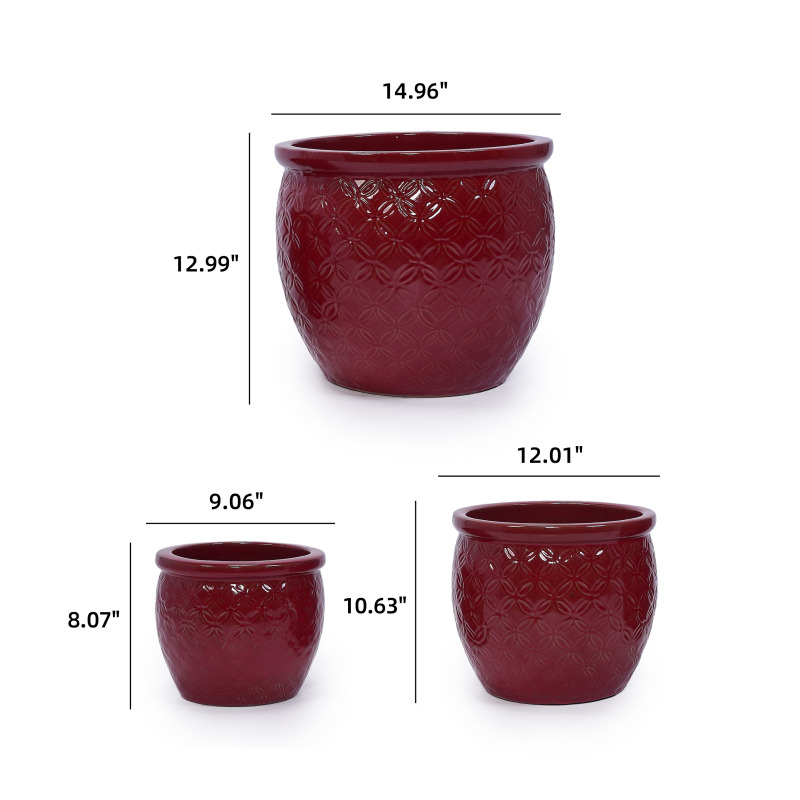 3-Piece Crimson Embossed Floral Ceramic Planter Set - 15/12/9 Inch Orchid Pots - Image 4