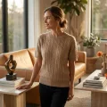 Women's 100% Pure Cashmere Classic Cable Knit Short-Sleeve Sweater 2