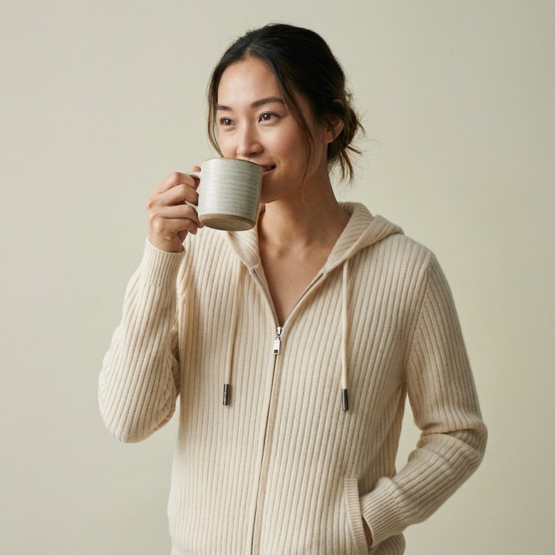 Women's 100% Pure Cashmere Hooded Zip Cardigan - Main Image