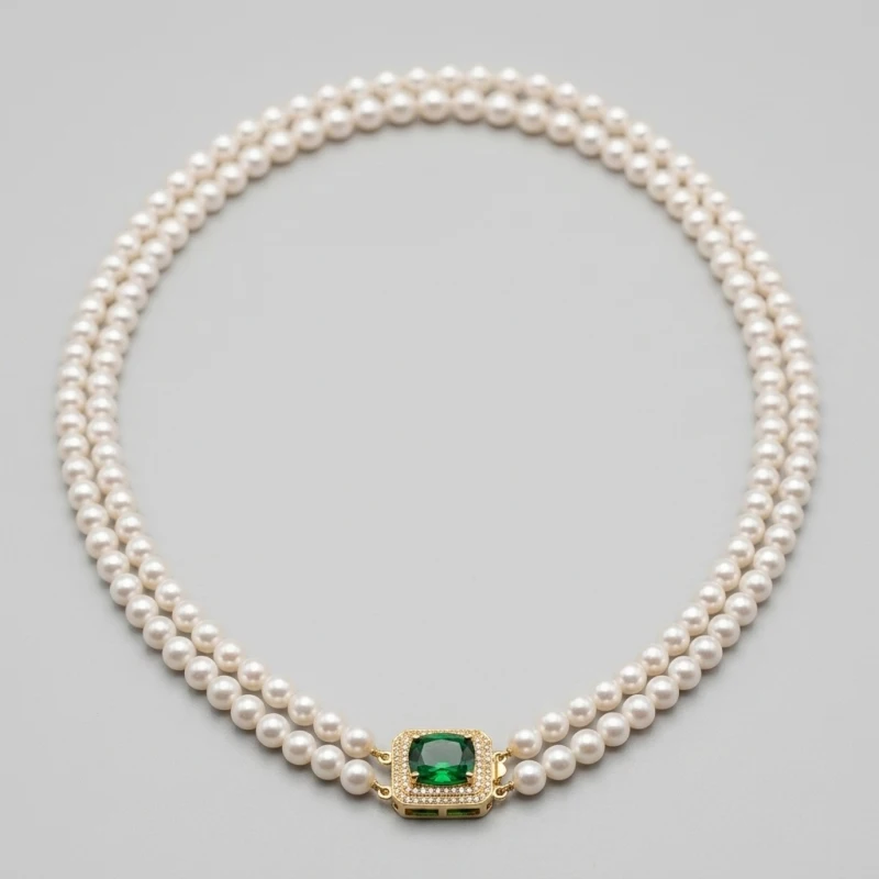Elegant Double-Strand AAA Pearl Necklace with Emerald-Green Sapphire Clasp - Main Image