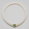 Elegant Double-Strand AAA Pearl Necklace with Emerald-Green Sapphire Clasp 1