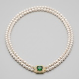 Elegant Double-Strand AAA Pearl Necklace with Emerald-Green Sapphire Clasp thumbnail 1