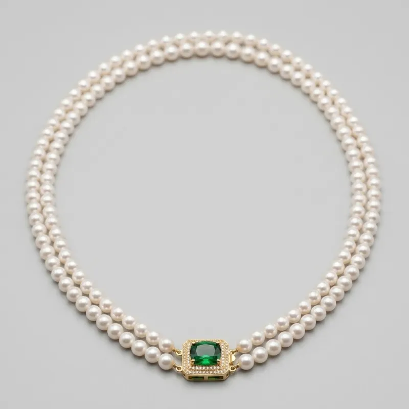 Elegant Double-Strand AAA Pearl Necklace with Emerald-Green Sapphire Clasp - Main Image