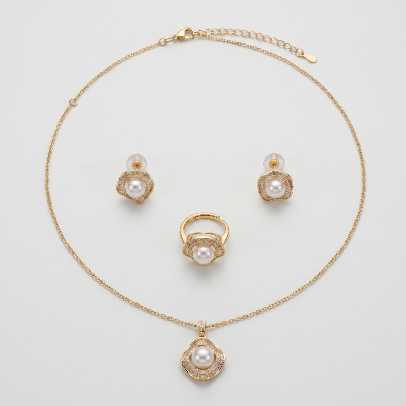 14K Gold Plated Pearl Jewelry Set - Waveform Scalloped Necklace, Ring & Earrings - Main Image