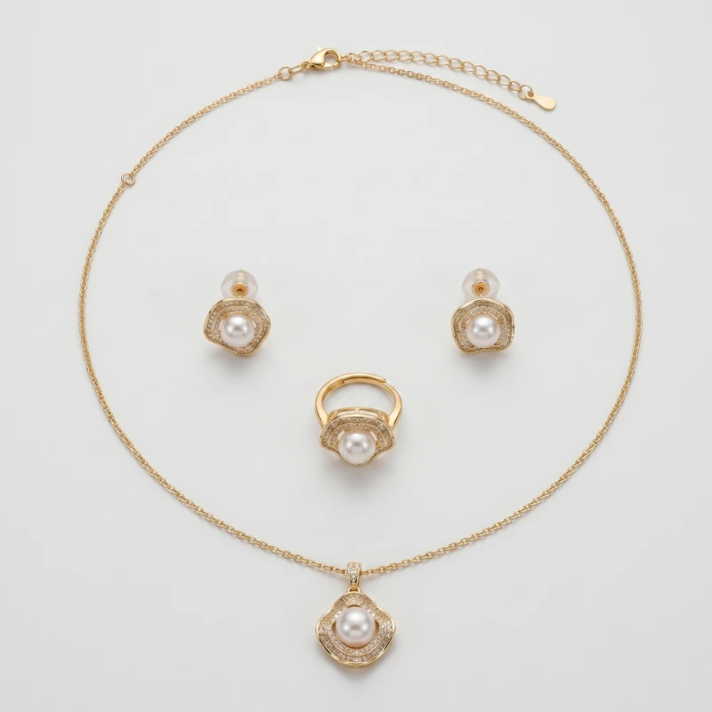 14K Gold Plated Pearl Jewelry Set - Waveform Scalloped Necklace, Ring & Earrings - Main Image