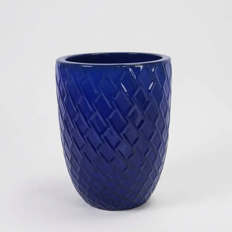 17-Inch Handmade Ceramic Planter - Deep Blue Rhombic Texture Breathable Terracotta Pot - Main Image