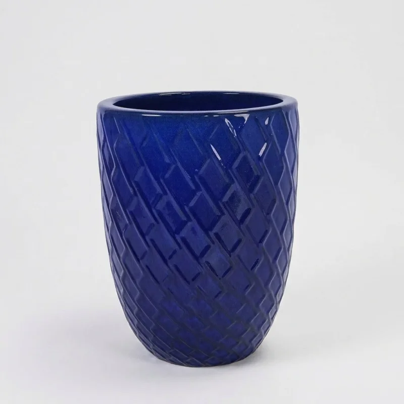 17-Inch Handmade Ceramic Planter - Deep Blue Rhombic Texture Breathable Terracotta Pot - Main Image