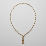 Hollow Lion Ball Tassel Button Freshwater Pearl Necklace 8.28-8.10mm, 34in, 51 Pearls, 14K Gold Plated thumbnail 1