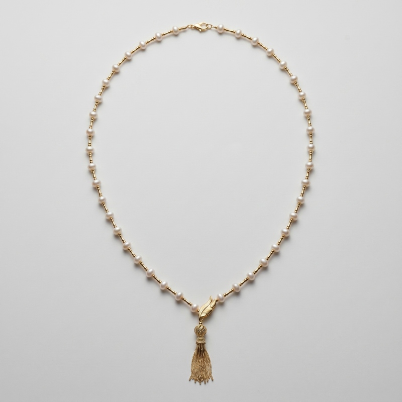 Hollow Lion Ball Tassel Button Freshwater Pearl Necklace 8.28-8.10mm, 34in, 51 Pearls, 14K Gold Plated - Image 1