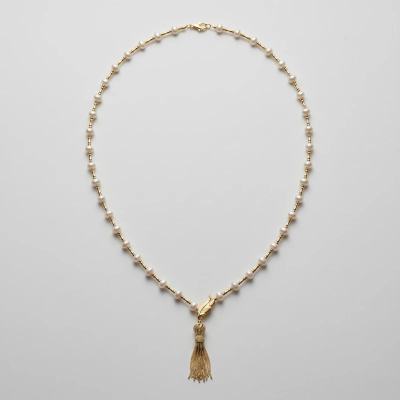 Hollow Lion Ball Tassel Button Freshwater Pearl Necklace 8.28-8.10mm, 34in, 51 Pearls, 14K Gold Plated - Main Image