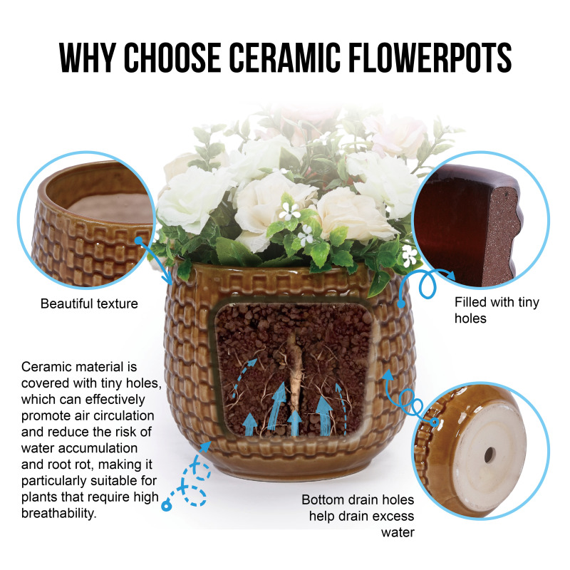 Set of 3 Handmade Glazed Ceramic Planters - 9in/7in/5in, Diamond Pattern Terracotta Brown - Image 5