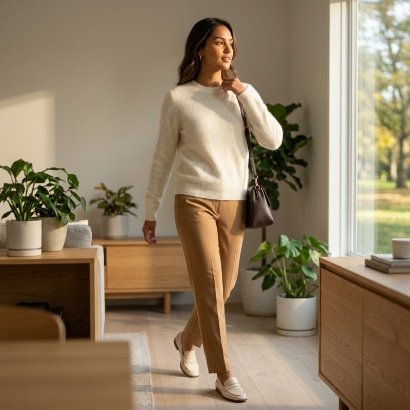 Women's Luxury Brushed Cashmere Crewneck Sweater - Elegant White (L) - Image 4
