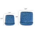 Set of 2 Handmade Blue Ceramic Leaf Pattern Planters with Saucers - 6" & 8" 3