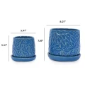 Set of 2 Handmade Blue Ceramic Leaf Pattern Planters with Saucers - 6" & 8" 3