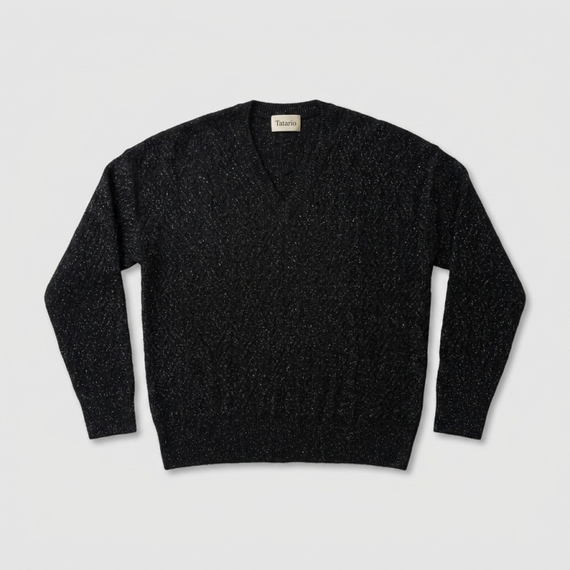 Women's Elegant Silver Lurex V-Neck Pure Cashmere Sweater - Black, Size L, 197g Lightweight - Image 4