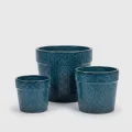 Set of 3 Handmade Blue Textured Ceramic Planters (15/12/9 inches) Breathable Flower Pots 1