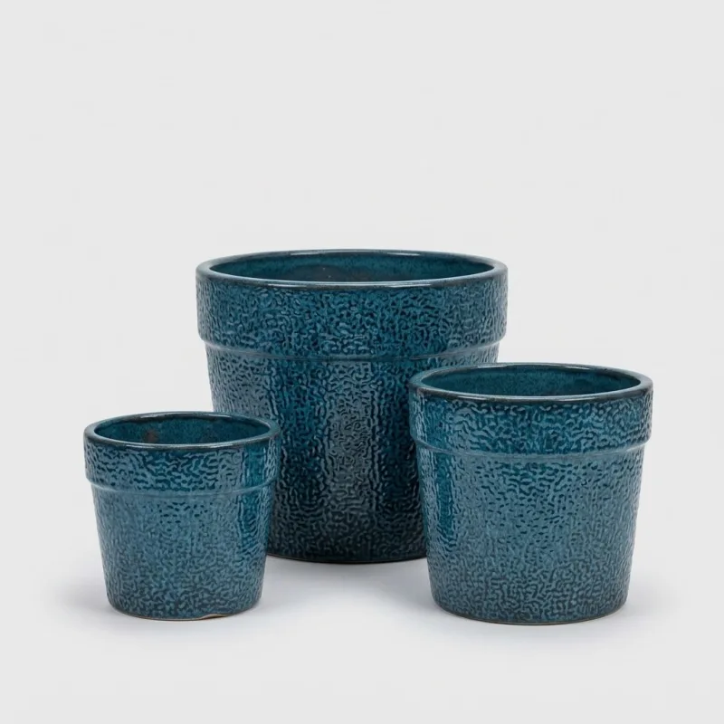 Set of 3 Handmade Blue Textured Ceramic Planters (15/12/9 inches) Breathable Flower Pots - Main Image